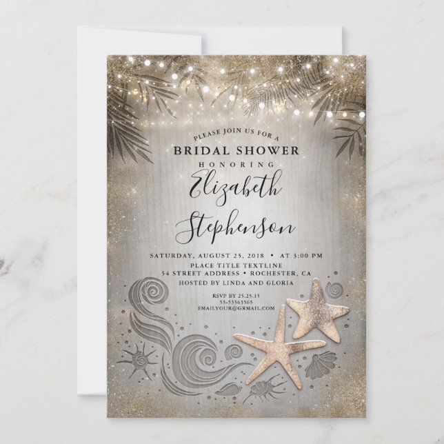 Gold Starfish Tropical Beach Lights Brautparty Einladung (Vorderseite)
