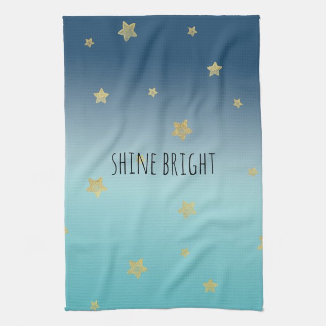 Gold Stars Aqua Blue Ombre personalisiertes Zitat Geschirrtuch (Vertikal)