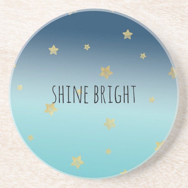 Gold Stars Aqua Blue Ombre personalisiertes Zitat Getränkeuntersetzer (Vorne)