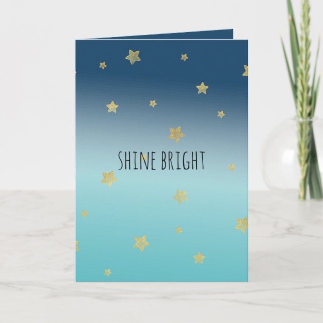Gold Stars Aqua Blue Ombre personalisiertes Zitat Karte (Vorderseite)