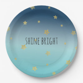 Gold Stars Aqua Blue Ombre personalisiertes Zitat Pappteller
