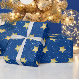 Gold-Stars auf Blau mit Schneeflocken-Papier Geschenkpapier