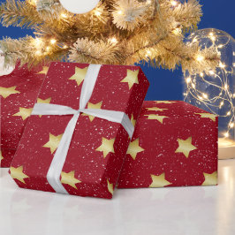 Gold Stars auf Rot mit Schneeflocken Geschenkpapier