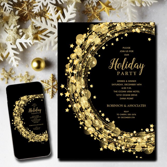Gold Stars auf schwarzen Weihnachtsfeiertagen Einladung (Gold Stars Christmas Holiday Invitations - INSTANT DOWNLOAD and/or PRINTED)