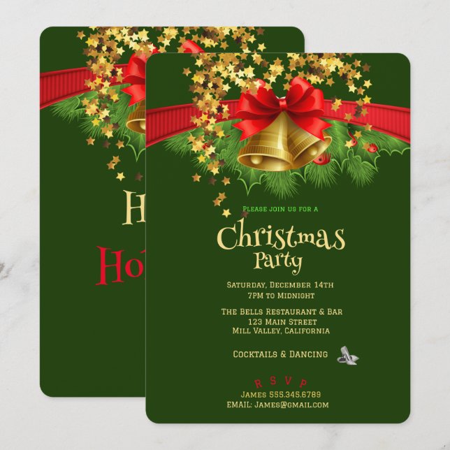 Gold Stars & Bells Fête de Noël Invitation (Devant / Derrière)