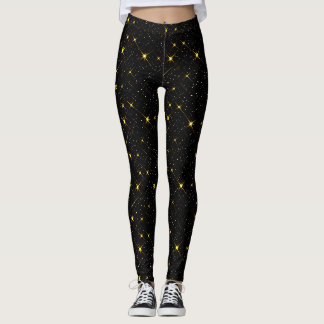 Gold Stars Black Sky Trendy Starry Pattern Leggings