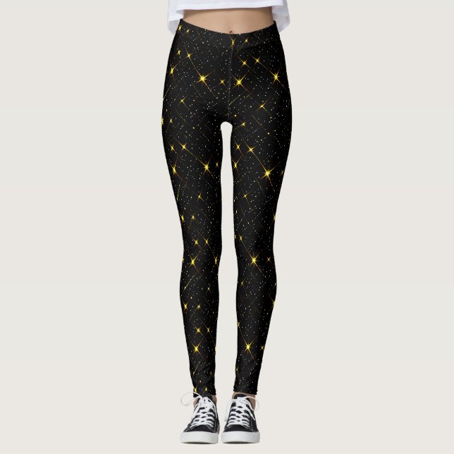 Gold Stars Black Sky Trendy Starry Pattern Leggings (Vorderseite)
