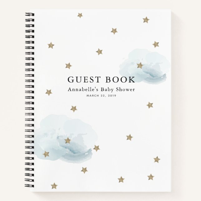 Gold Stars & Blue Clouds Babydusche Gästebuch Notizbuch (Vorderseite)