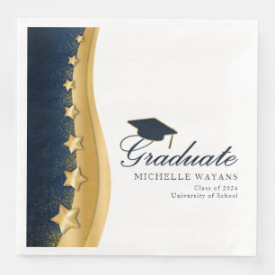 Gold Stars Blue Hat Graduation Party Serviette