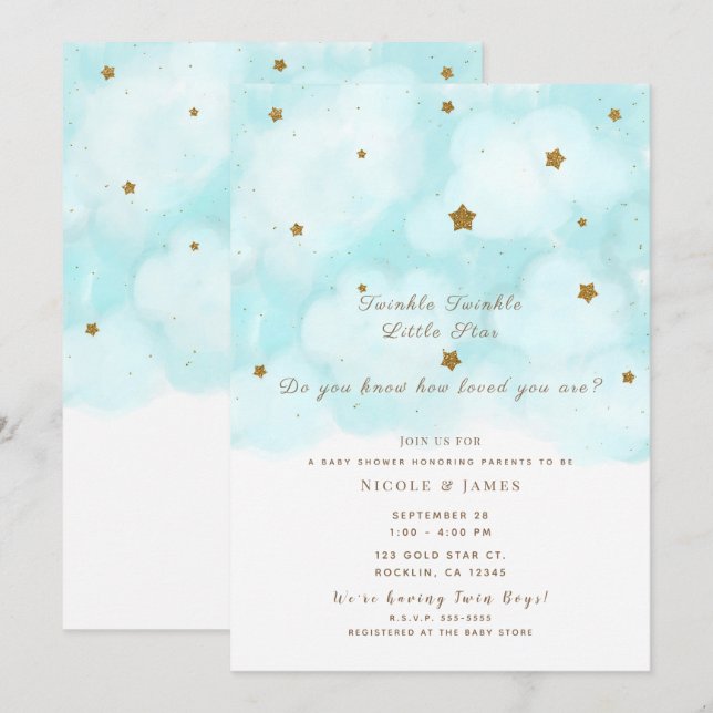 Gold Stars & Blue Sky Clouds Baby Showwwins Einladung (Vorne/Hinten)