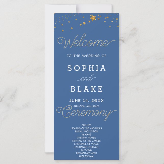 Gold Stars Celestial Dark Blue Wedding Program (Vorderseite)
