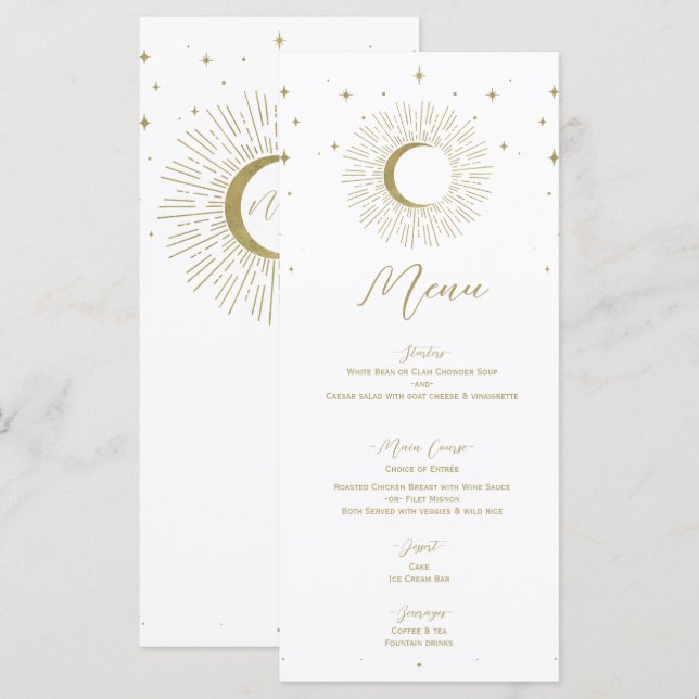 Gold Stars Celestial Sunburst Moon Wedding Menu Menükarte (Vorne/Hinten)