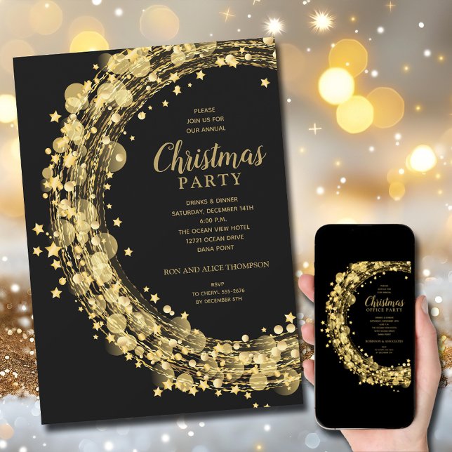 Gold Stars Circles Christmas Holiday Invitations Einladung (Gold star wreath Christmas holiday party invitations, PRINTED and/or INSTANT DOWNLOAD)