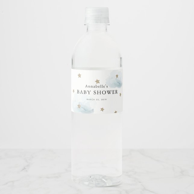 Gold Stars & Clouds Baby Dusche Wasser Flasche Eti (Vorderseite)