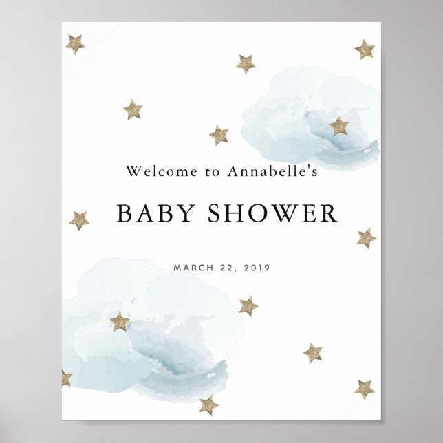 Gold Stars & Clouds Baby shower Affiche de bienven (Devant)