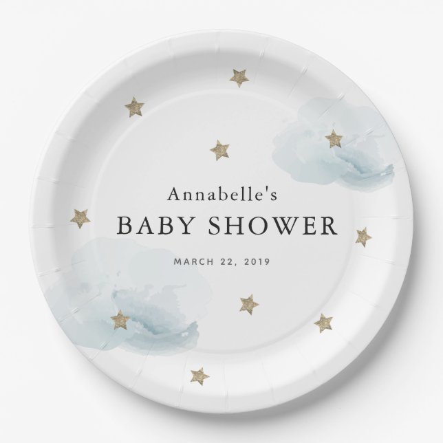 Gold Stars & Clouds Baby Shower Paper Plate Pappteller (Vorderseite)