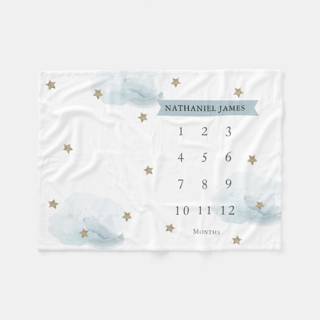 Gold Stars & Clouds Blue Boy Monatlicher Meilenste Fleecedecke (Vorderseite (Horizontal))