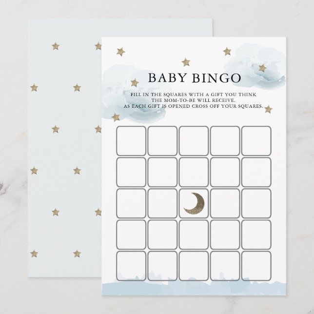 Gold Stars & Clouds Kinderdusche Bingo Game Card Einladung (Vorne/Hinten)