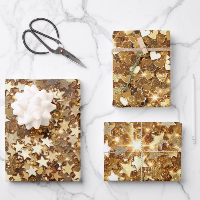 Gold Stars Confetti Geschenkpapier Set (Vorderseite)