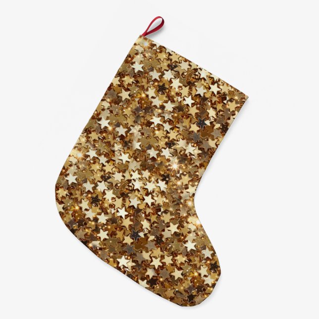 Gold Stars Confetti Großer Weihnachtsstrumpf (Vorderansicht (hängend))