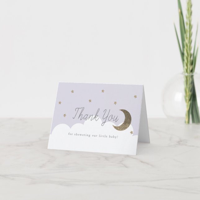 Gold Stars & Crecsent Moon Lavender Baby Dusche Dankeskarte (Vorderseite)