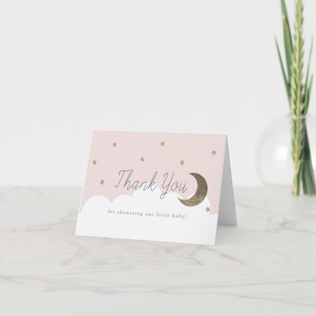 Gold Stars & Crecsent Moon Pink Baby Dusche Dankeskarte (Vorderseite)