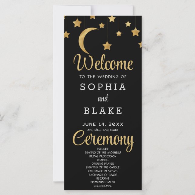 Gold Stars Crescent Moon Block Wedding Programm (Vorderseite)