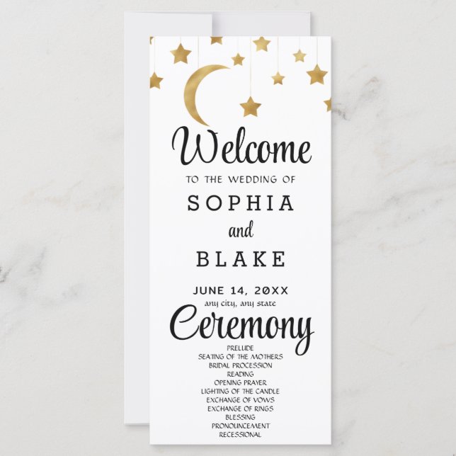 Gold Stars Crescent Moon White Wedding Programm (Vorderseite)
