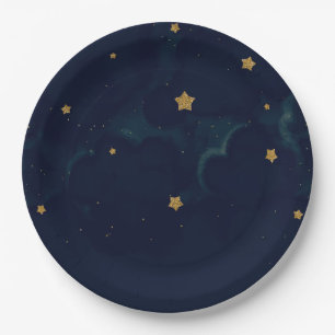 Gold Stars Dark Blue Night Sky Baby Dusche Party Pappteller