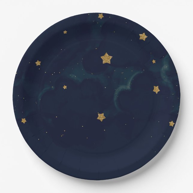Gold Stars Dark Blue Night Sky Baby Dusche Party Pappteller (Vorderseite)