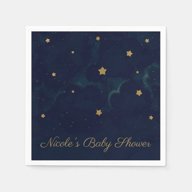 Gold Stars Dark Blue Night Sky Baby Dusche Party Serviette (Vorderseite)