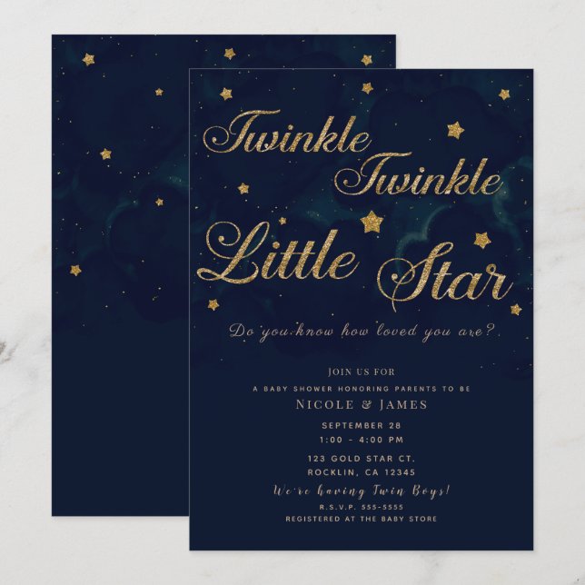 Gold Stars Dark Blue Night Sky Baby Duschtwins Einladung (Vorne/Hinten)