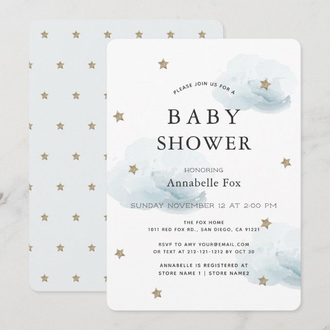Gold Stars & Fluffy Clouds Baby shower Invitation (Devant / Derrière)