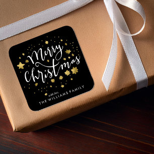 Gold Stars "Frohe Weihnachten" Quadratischer Aufkleber