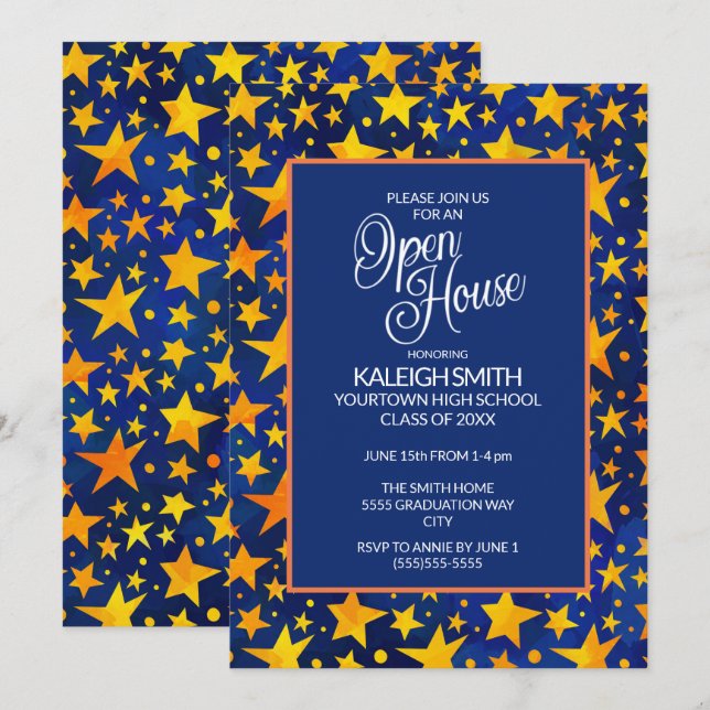 Gold Stars für Navy Blue Open House Grad Party Einladung (Vorne/Hinten)