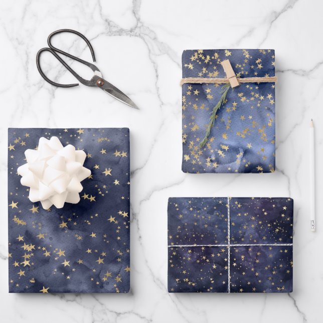 Gold Stars für Navy Night Sky Geschenkpapier Set (Vorderseite)