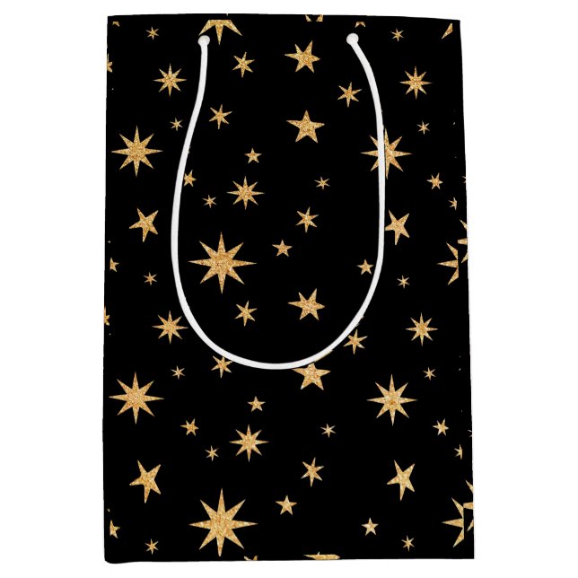Gold Stars Geschenktasche - Schwarzer Hintergrund Mittlere Geschenktüte (Vorderseite)