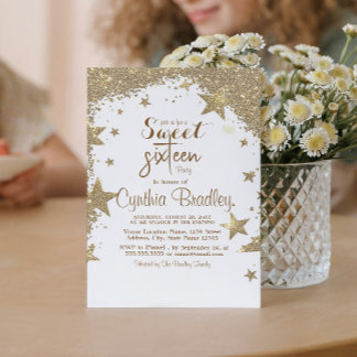 Gold Stars Glitzer 16 . Geburtstag Geburtstagspart Einladung