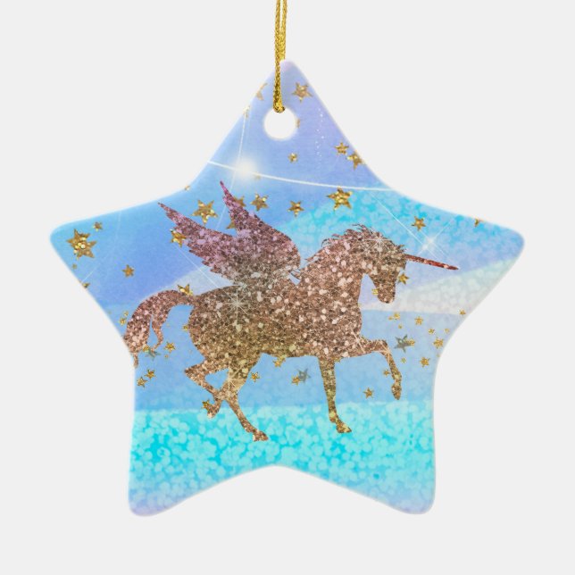 Gold Stars Glitzer Fliegen Einhorn Lila Custom Keramik Ornament (Vorne)