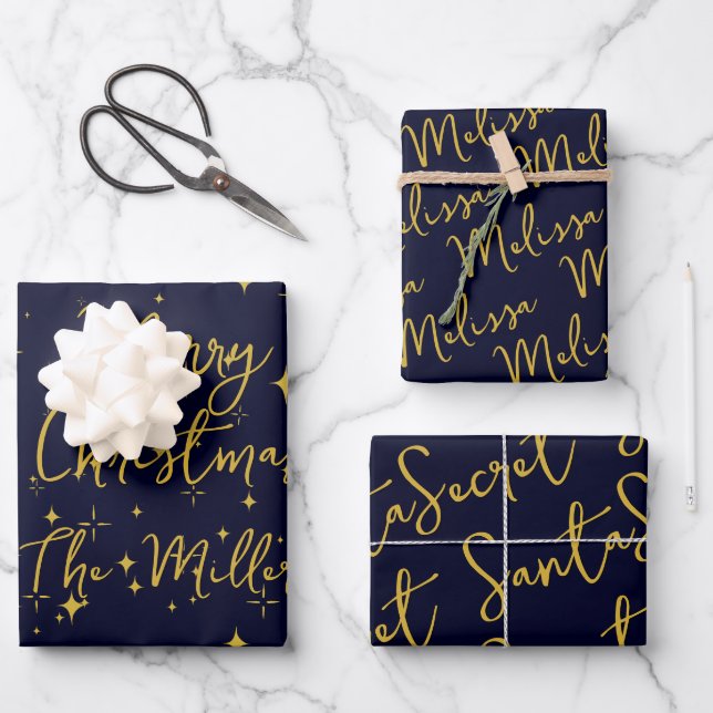 Gold Stars & Glitzern Personalisierte Dunkle Blau Geschenkpapier Set (Vorderseite)