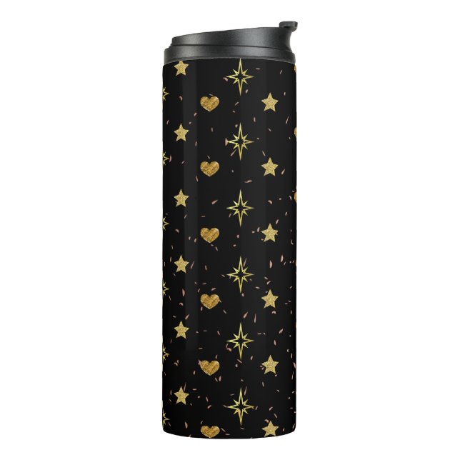 Gold Stars Gold Herzstücke Muster in Schwarz Thermosbecher (Nach links gedreht)
