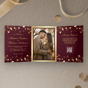 Gold Stars Konfetti Burgund QR-Code Hochzeit Dreifach Gefaltete Einladung