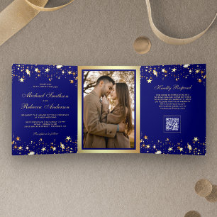 Gold Stars Konfetti Königlich Blau QR Code Hochzei Dreifach Gefaltete Einladung
