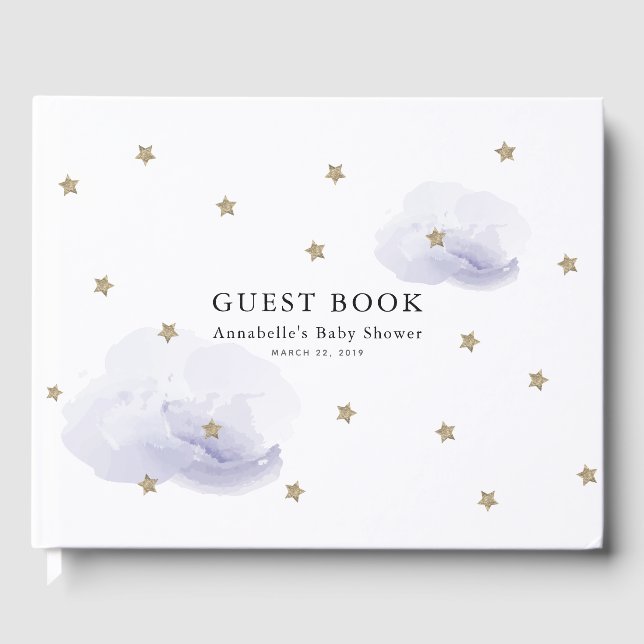 Gold Stars & Lavender Clouds Baby Dusche Gästebuch (Vorderseite)