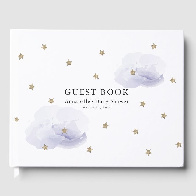 Gold Stars & Lavender Clouds Baby Dusche Gästebuch (Vorderseite)