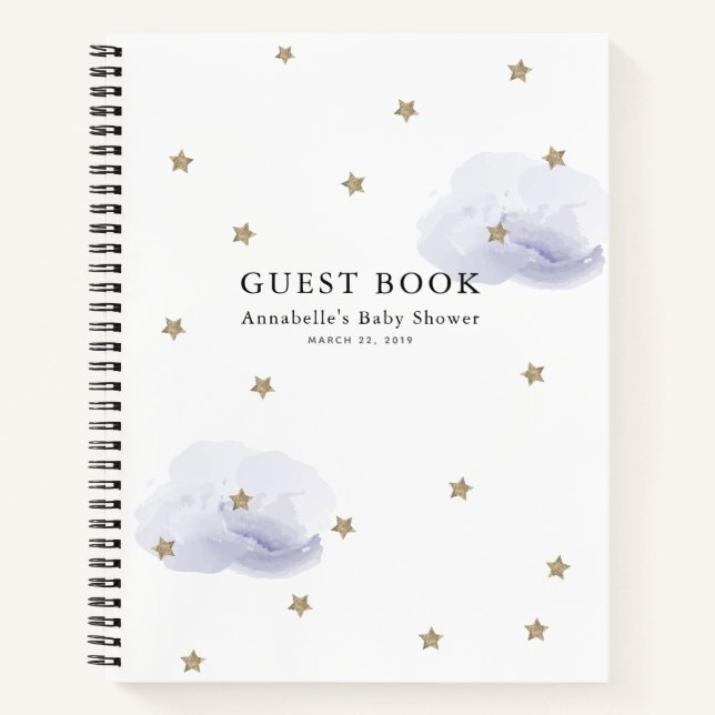 Gold Stars Lavender Clouds Babydusche Gästebuch Notizbuch (Vorderseite)