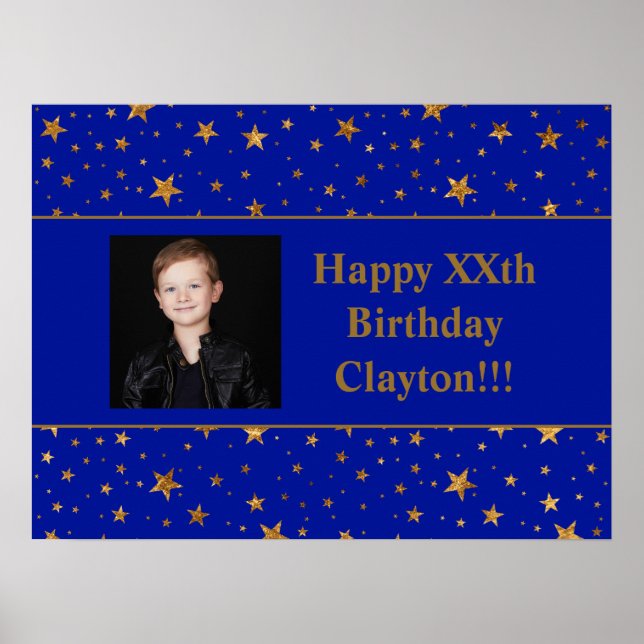 Gold Stars mit Message Foto auf Blue Birthday Poster (Vorne)