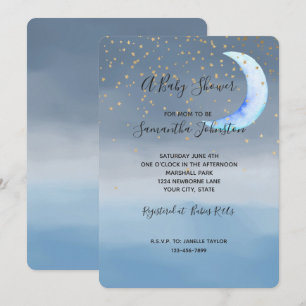 Gold Stars Moon Blue Ombre Einladung