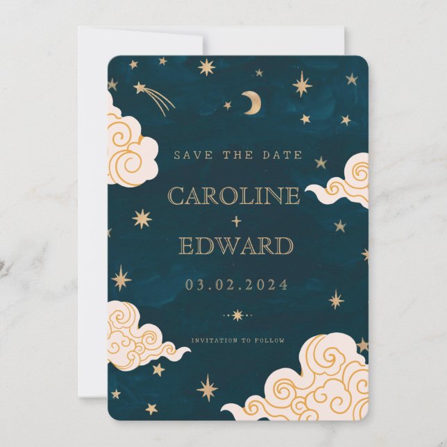 Gold Stars Moon Celestial Qr Code Save the Date (Vorderseite)