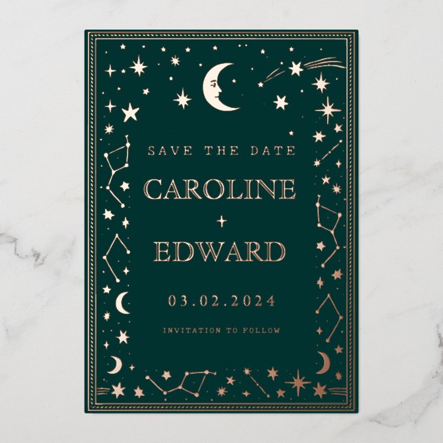 Gold Stars Moon Celestial Save the Date Folieneinladung (Vorderseite)